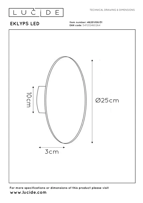 Lucide EKLYPS LED - Wandlamp - Ø 25 cm - LED - 1x9W 3000K - Wit - technisch